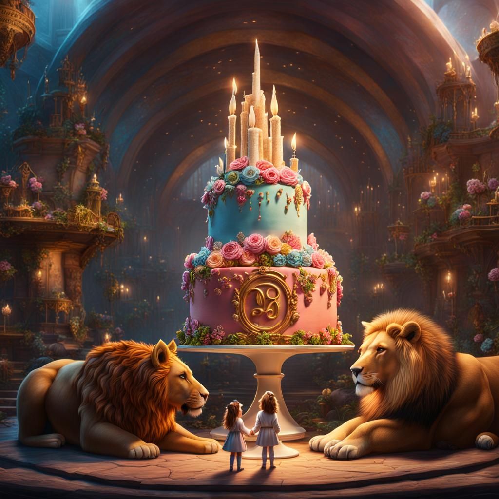 Unicorn, Bear, Lion, and Girl at Cake