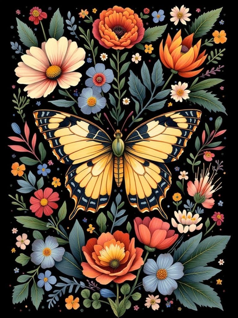 Surreal Floral Scene with Golden Butterfly and Vibrant Bloom...