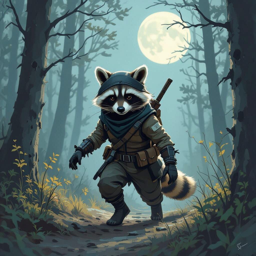 Humanoid Raccoon Rogue in Moonlit Forest