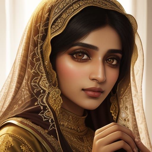 Pakistani Woman with Flowers in Oil Painting Style