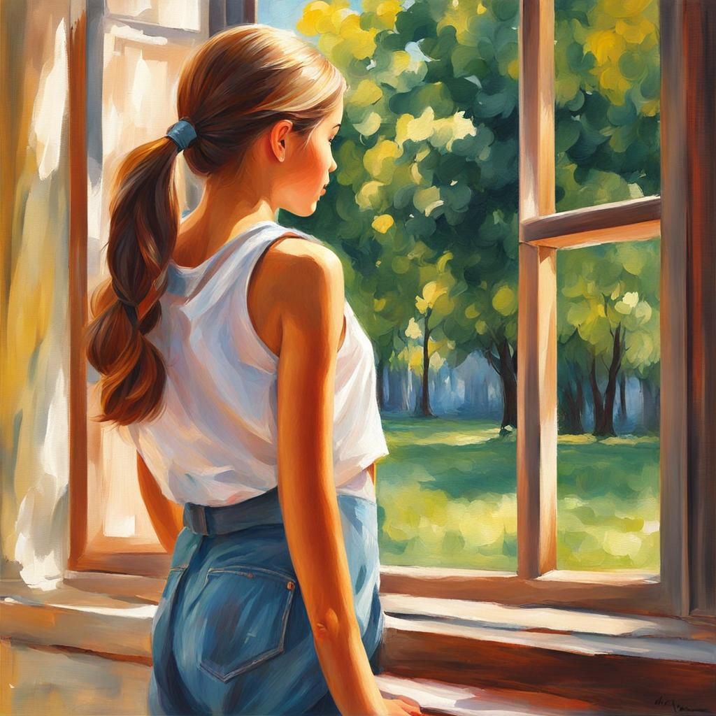 Girl in Park Scene as Impasto Oil Painting