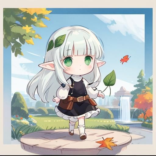 Elf Girl Walking in Autumn Town: Ink Sketch