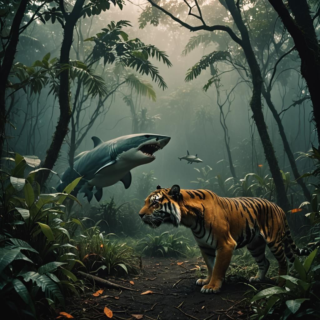 Tiger and Shark Standoff in Misty Jungle
