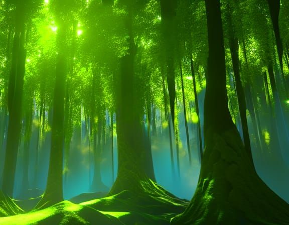 Luminous Forest with Bioluminescent Water, Digital Art