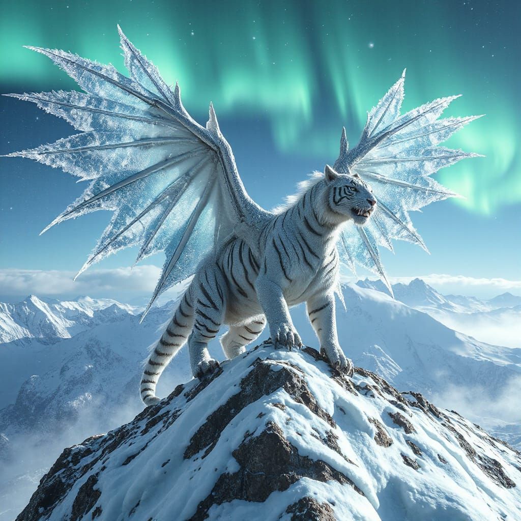 White Tiger-Dragon Spirit Under Aurora