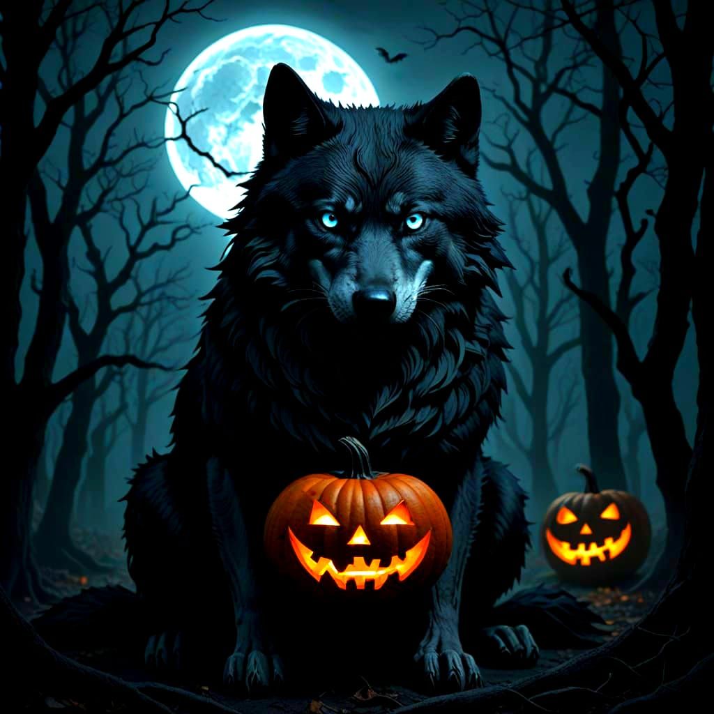 Majestic Wolf Silhouette With Cobalt Eyes Beside Jack-o'-lan...