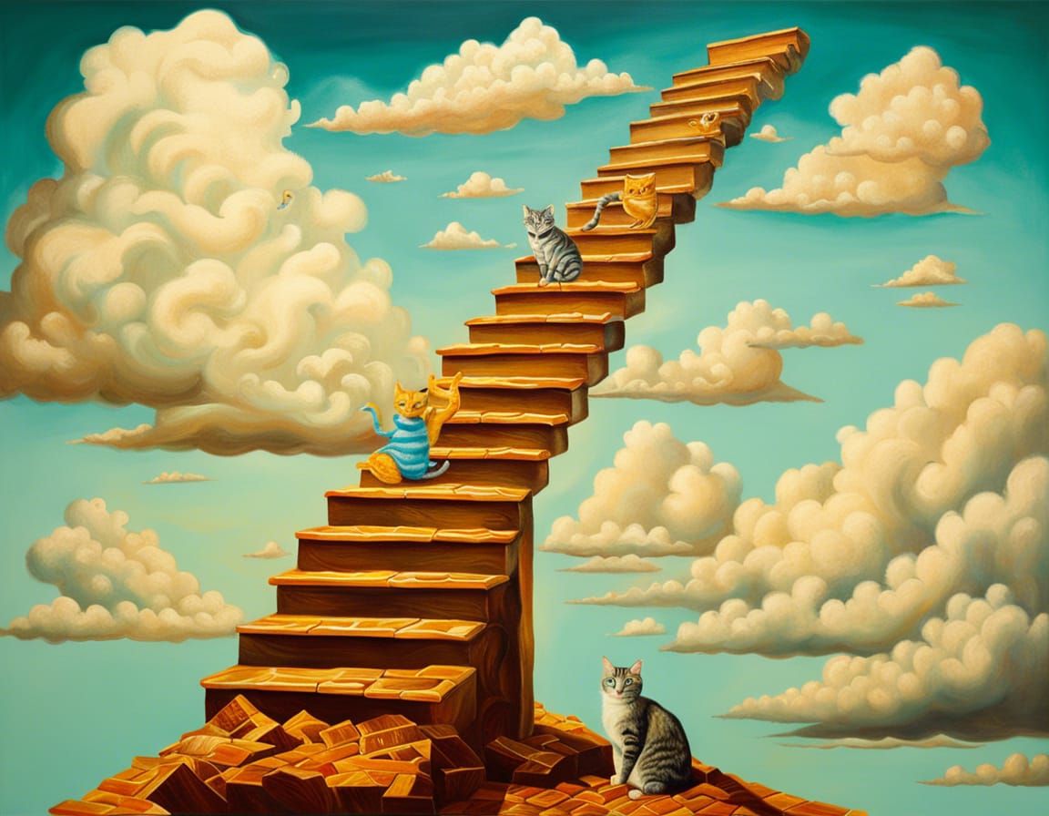 Cat Ascending Stairway to Heaven: Surreal Oil Painting