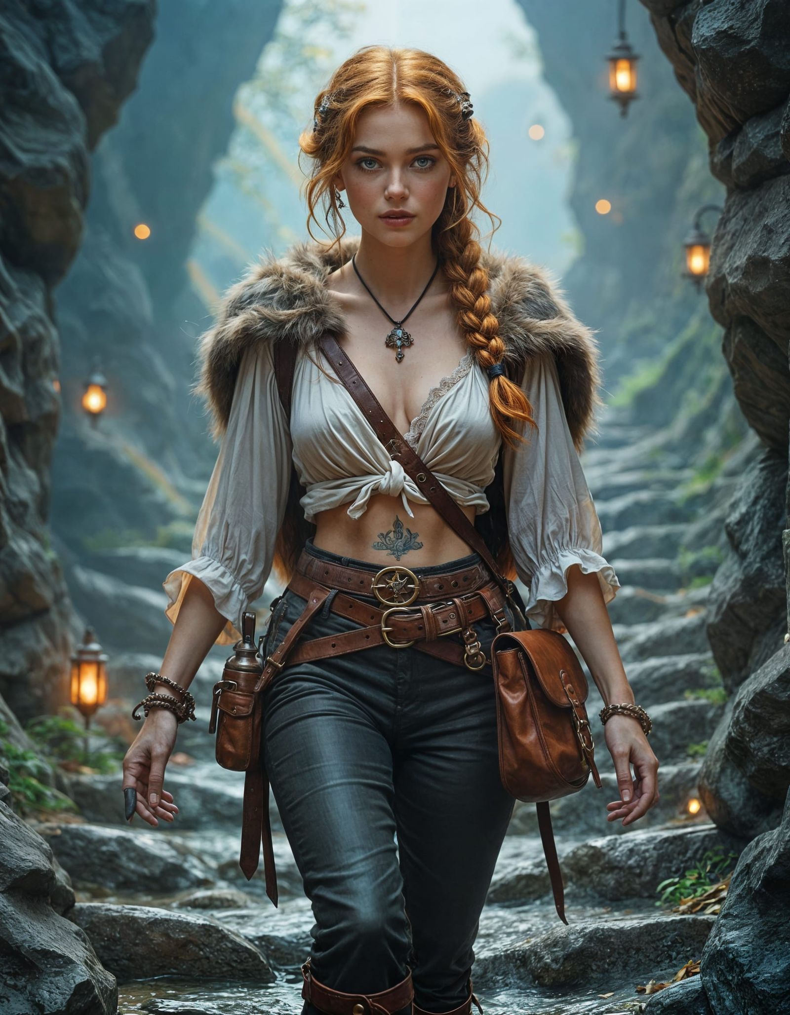 Ginger Adventuress Climbing Steps in Pastel Fantasy Illustra...