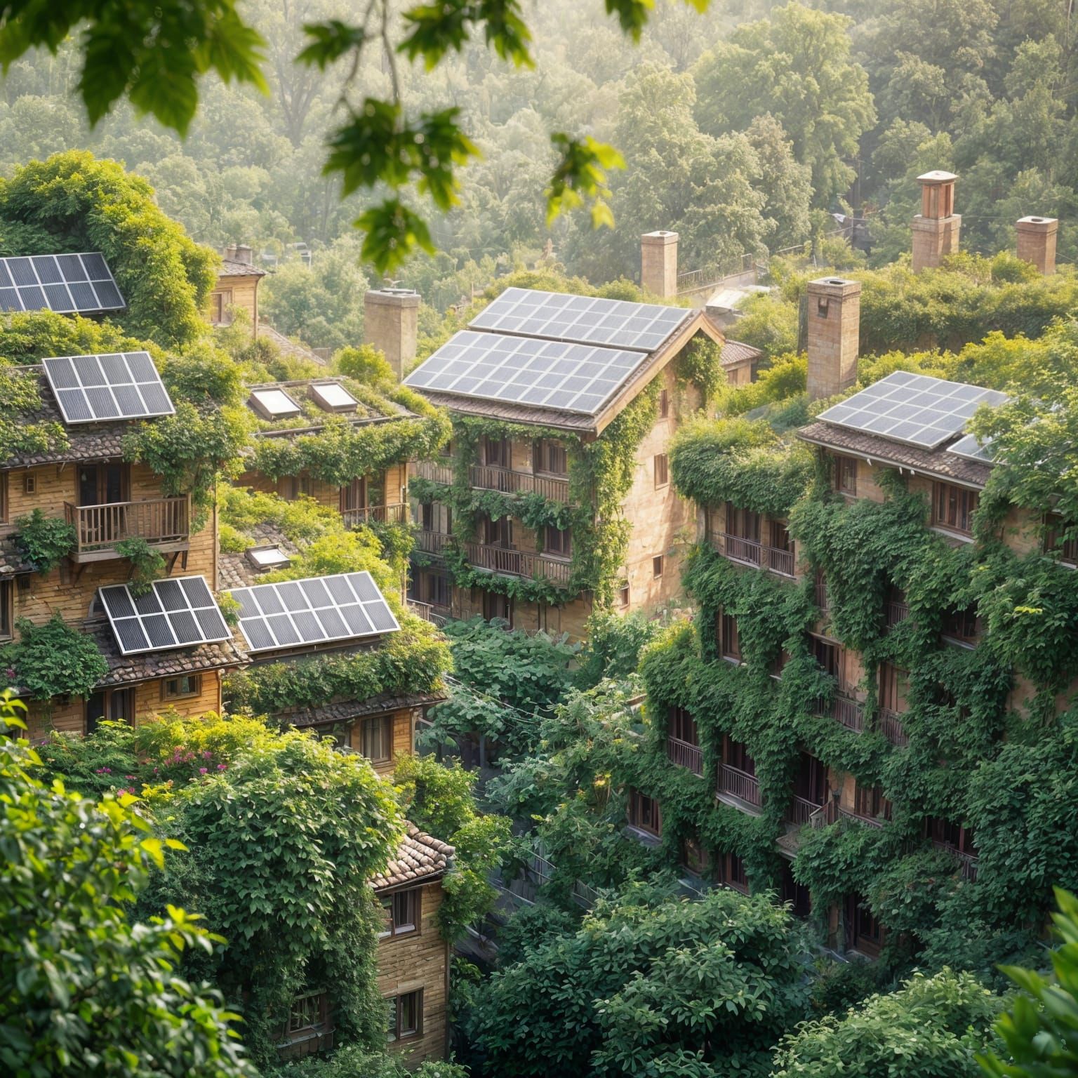 des immeubles d'habitation recouverts de végétation et de pa...