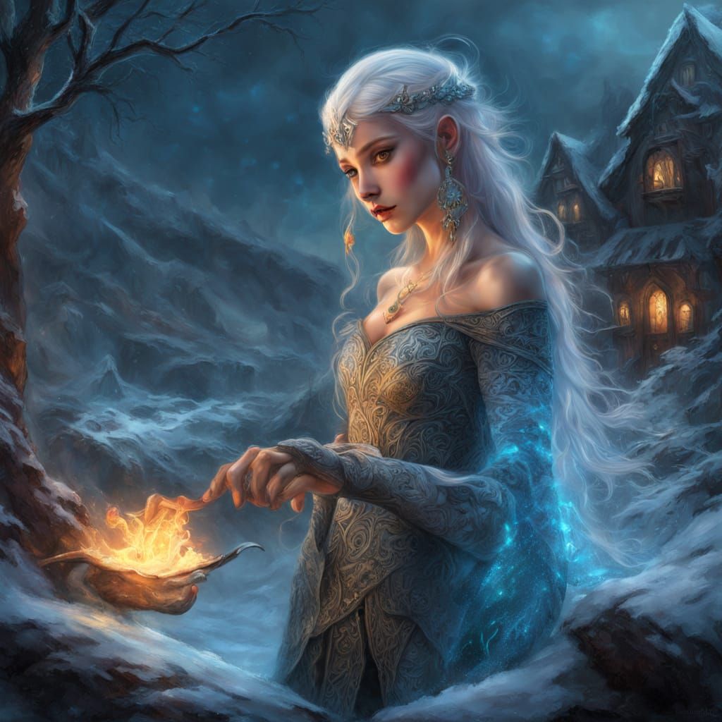 Mystical Elven Wizardess in Low-Key Icy Blue Tones