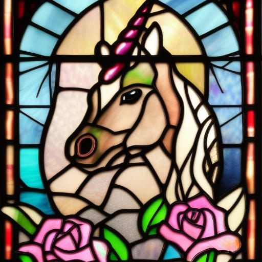 Stained Glass Unicorn and Roses in Hyperrealism