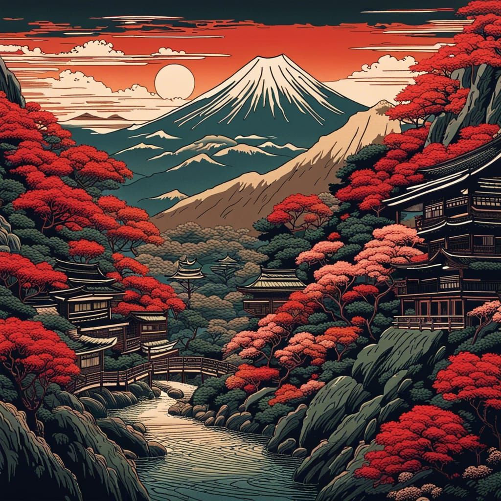 Japanese Geisha Mountain Landscape in Anime Style