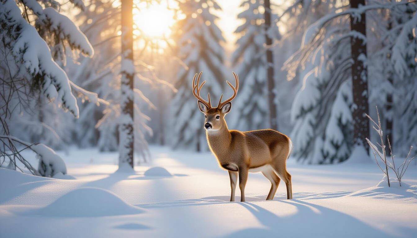 Photorealistic Deer in Snowy Winter Forest Sunlight