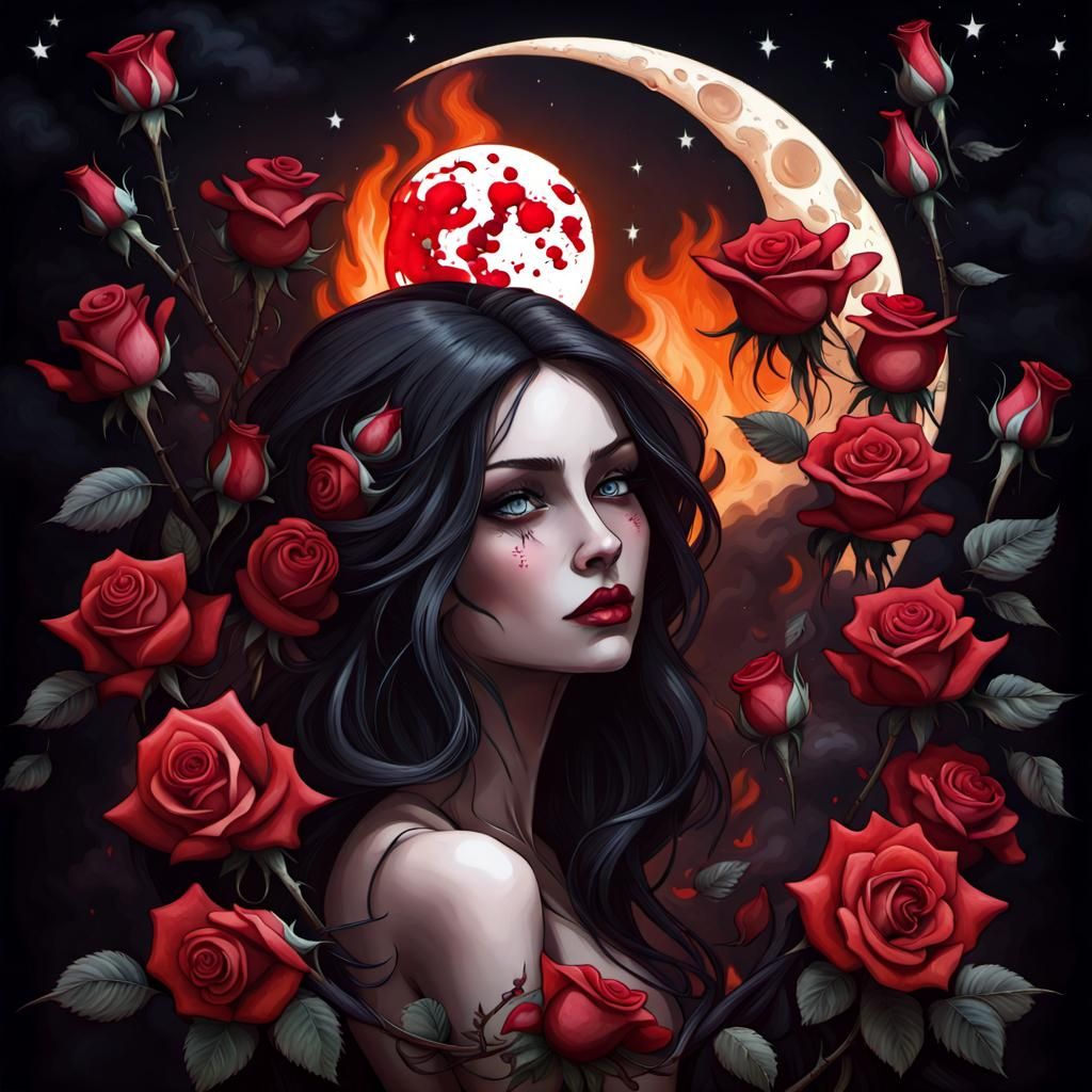 Demons, Roses, Moon, and Woman by Fireplace