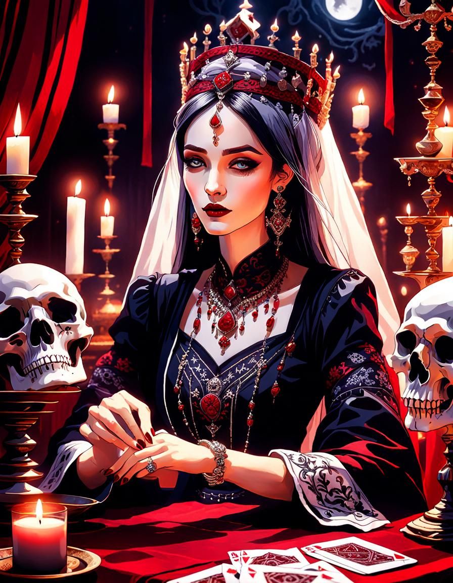 Tragic Princess Tarot Card Reading in Gothic Interior