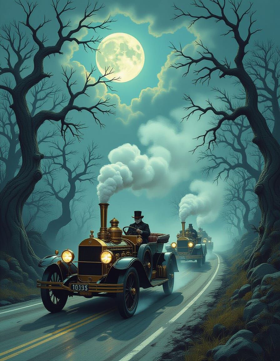 Steampunk Cars on Treacherous Road in Eerie Mist