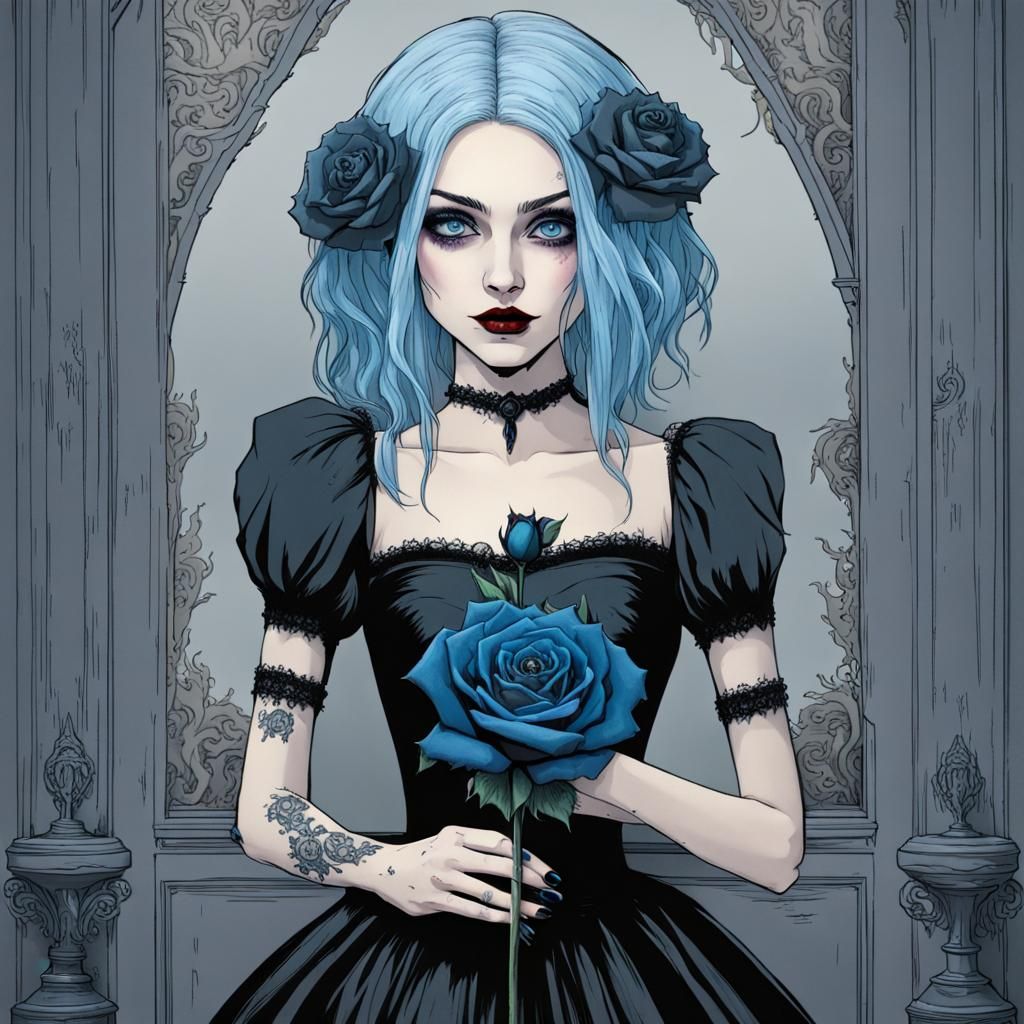 Blue-Haired Woman with Rose in Burton Style