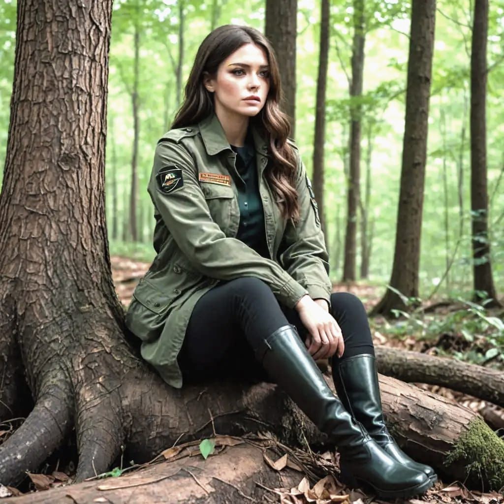 Brunette in Military Uniform Sitting in Forest