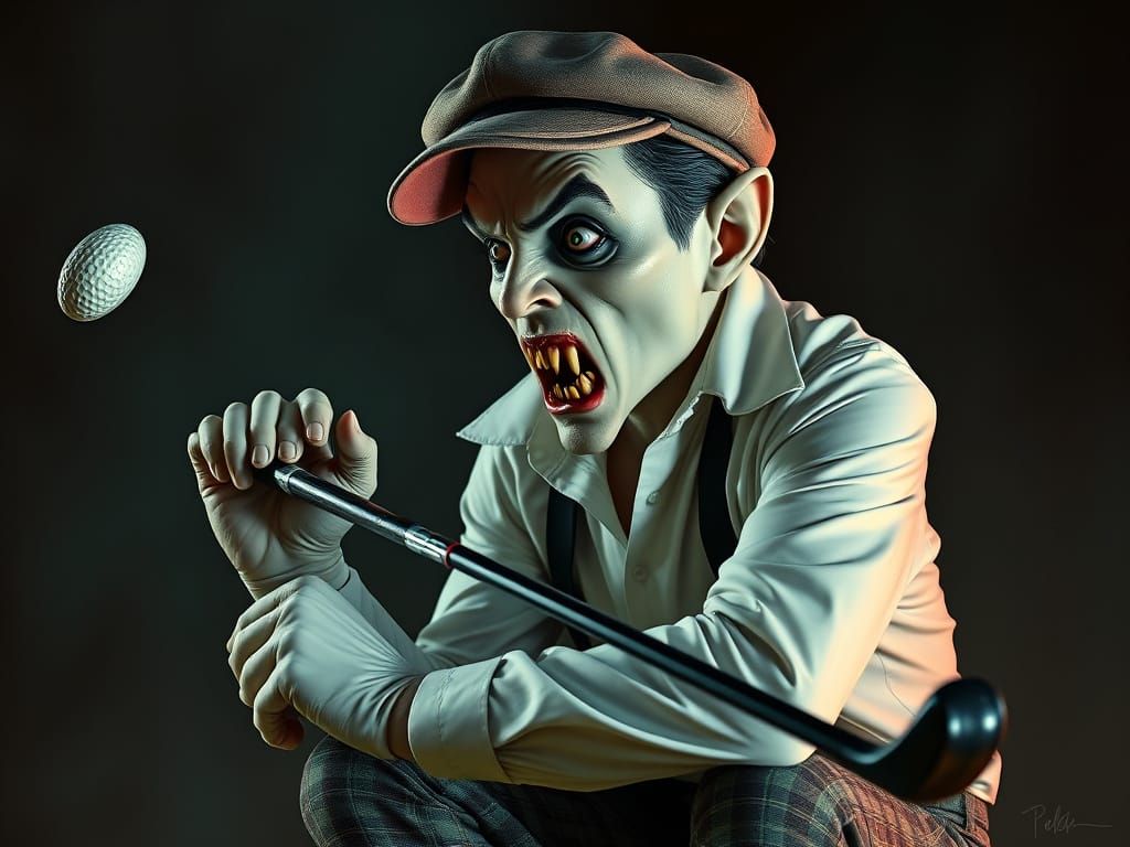 Vampire in Pastel Golf Attire Strikes a Haunting Pose