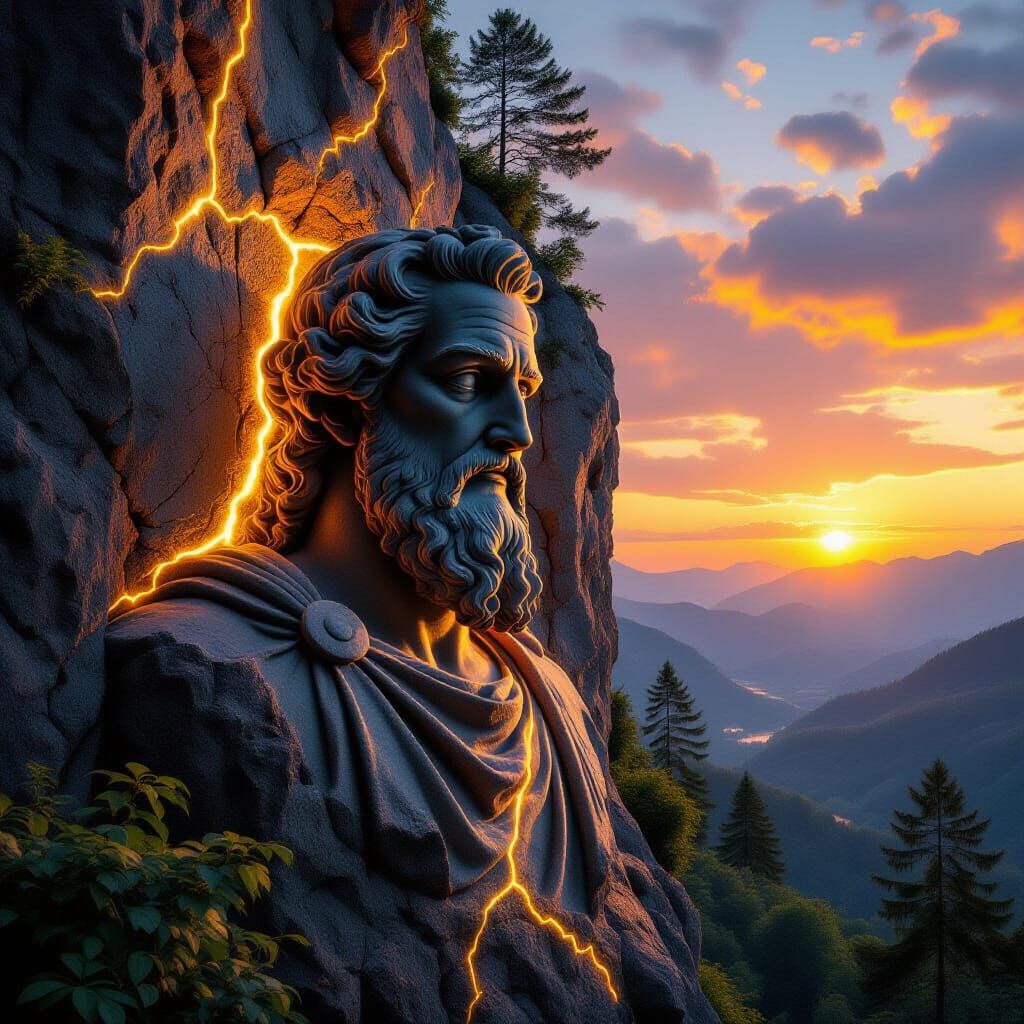 Philosopher Statue Carved Into Mountain Cliff, Golden Veins,...