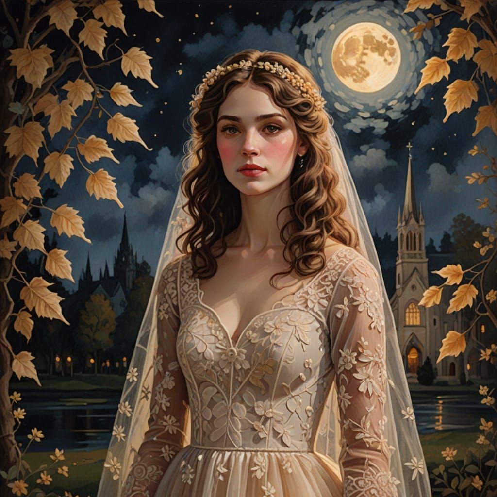 Romantic Woman in Embroidered Wedding Dress Painting