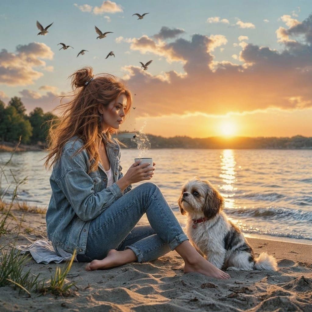 Sunrise Coffee With Shih Tzu on Lake Shore
