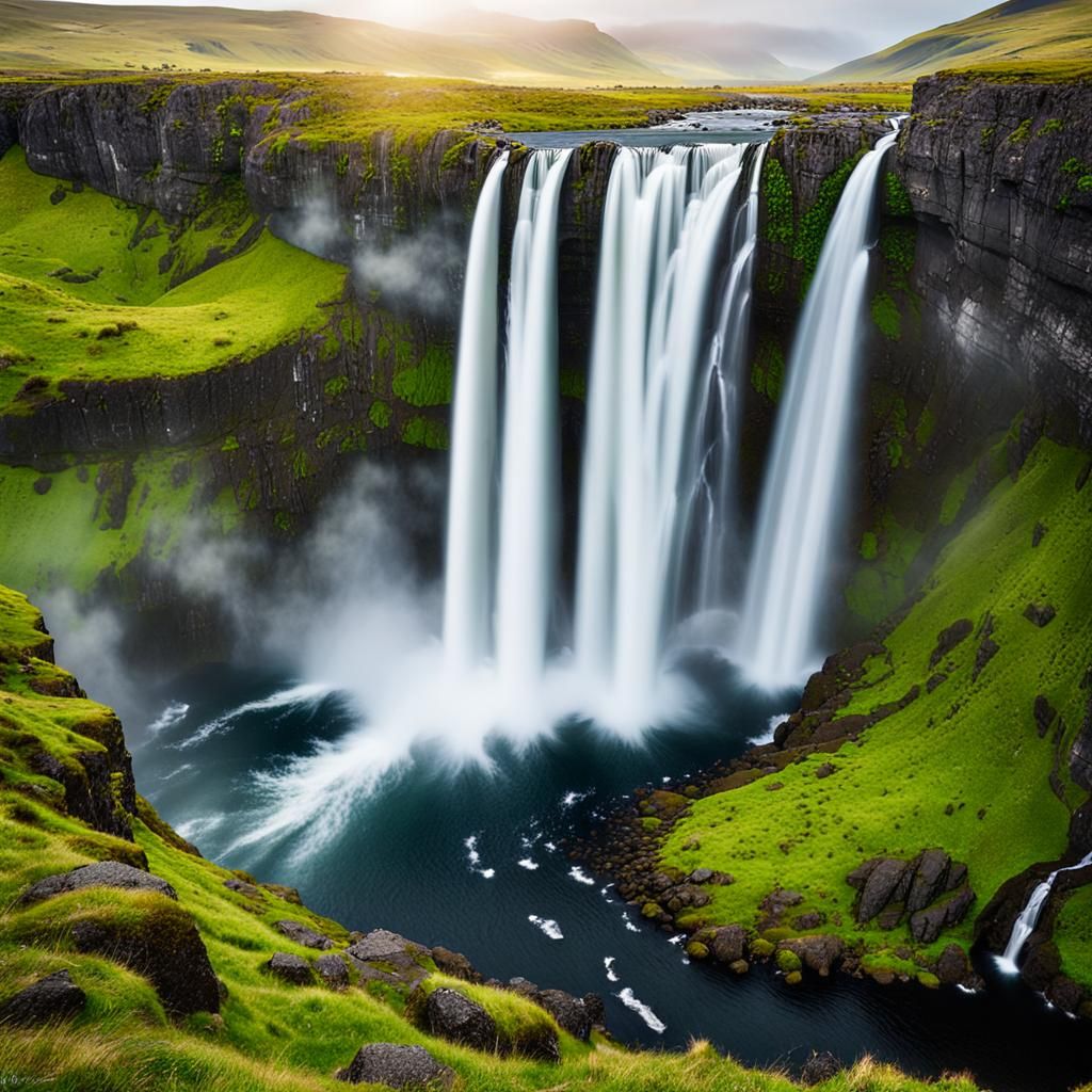 Majestic Mulafossur Waterfall in Panoramic Landscape