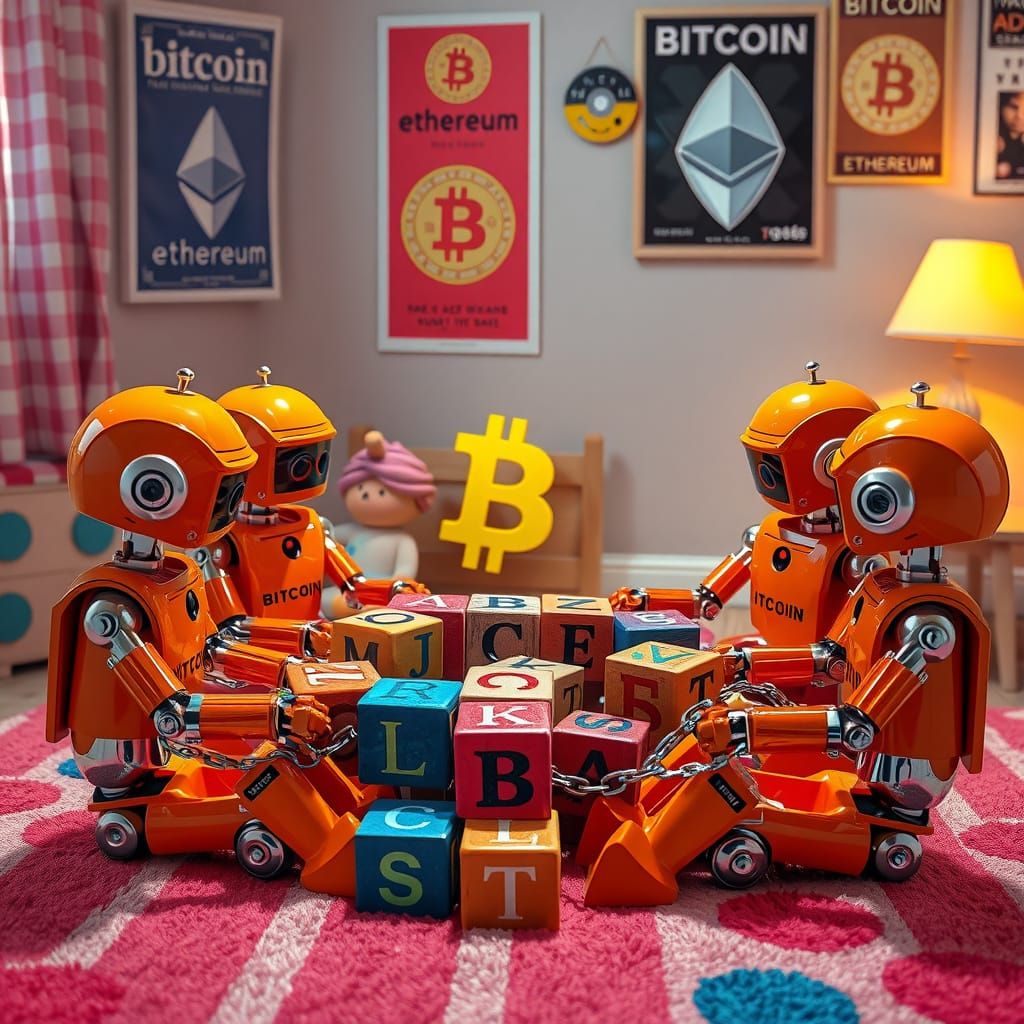 Pop Art Robots Play with Alphabet Blocks in Retro Sci-Fi Sty...