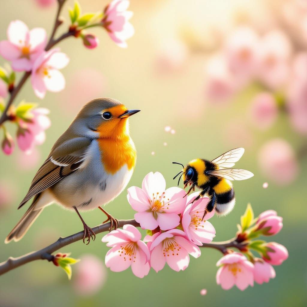 Robin Sings on Cherry Blossom Branch with Bumblebee
