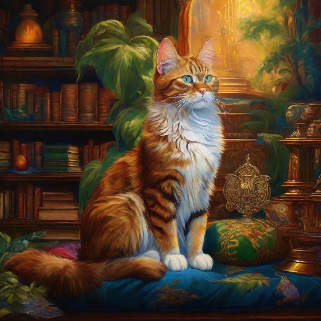 Majestic Cat in Mystical Library Oil Painting