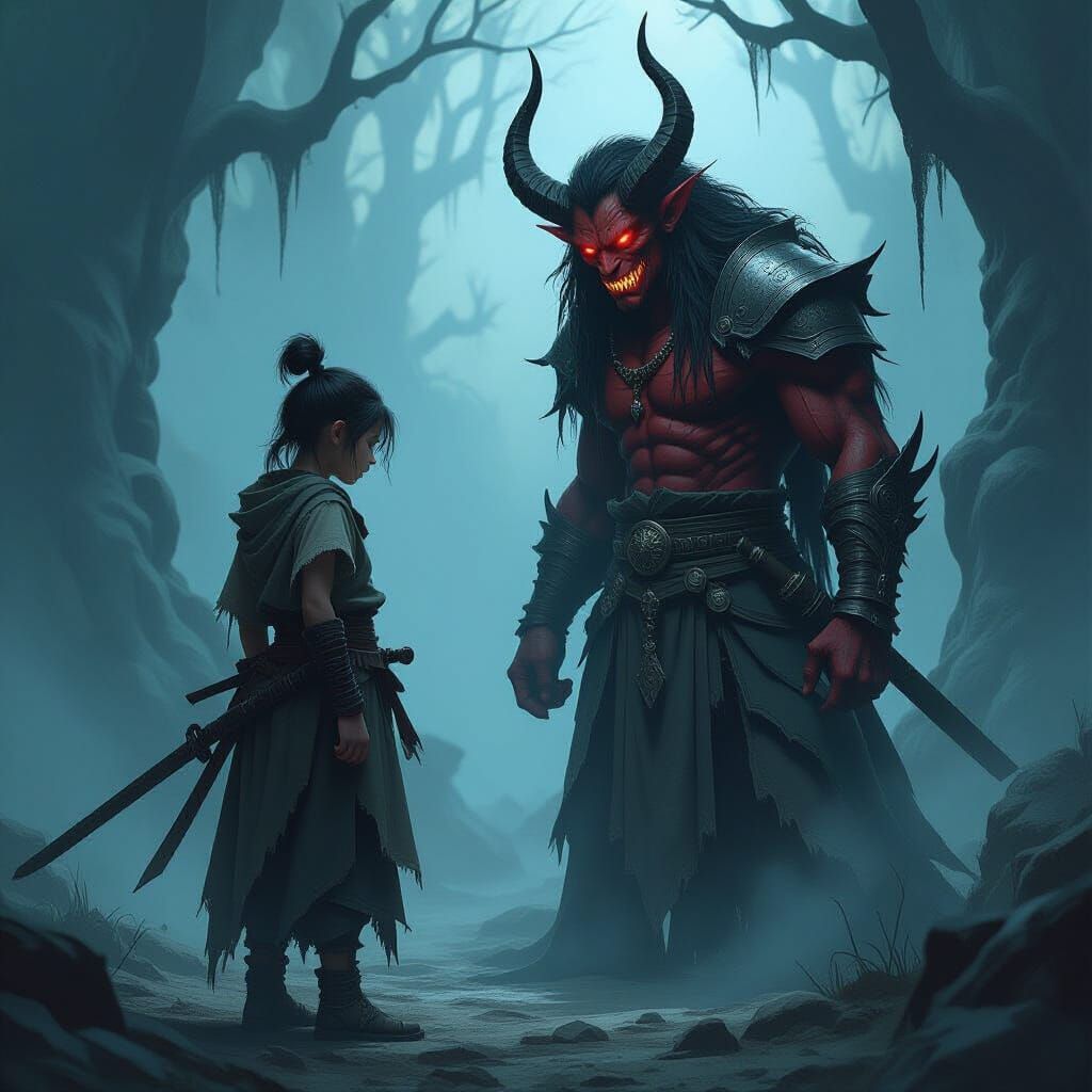 Warrior Trains With Demon Mentor in Dark Fantasy Realm