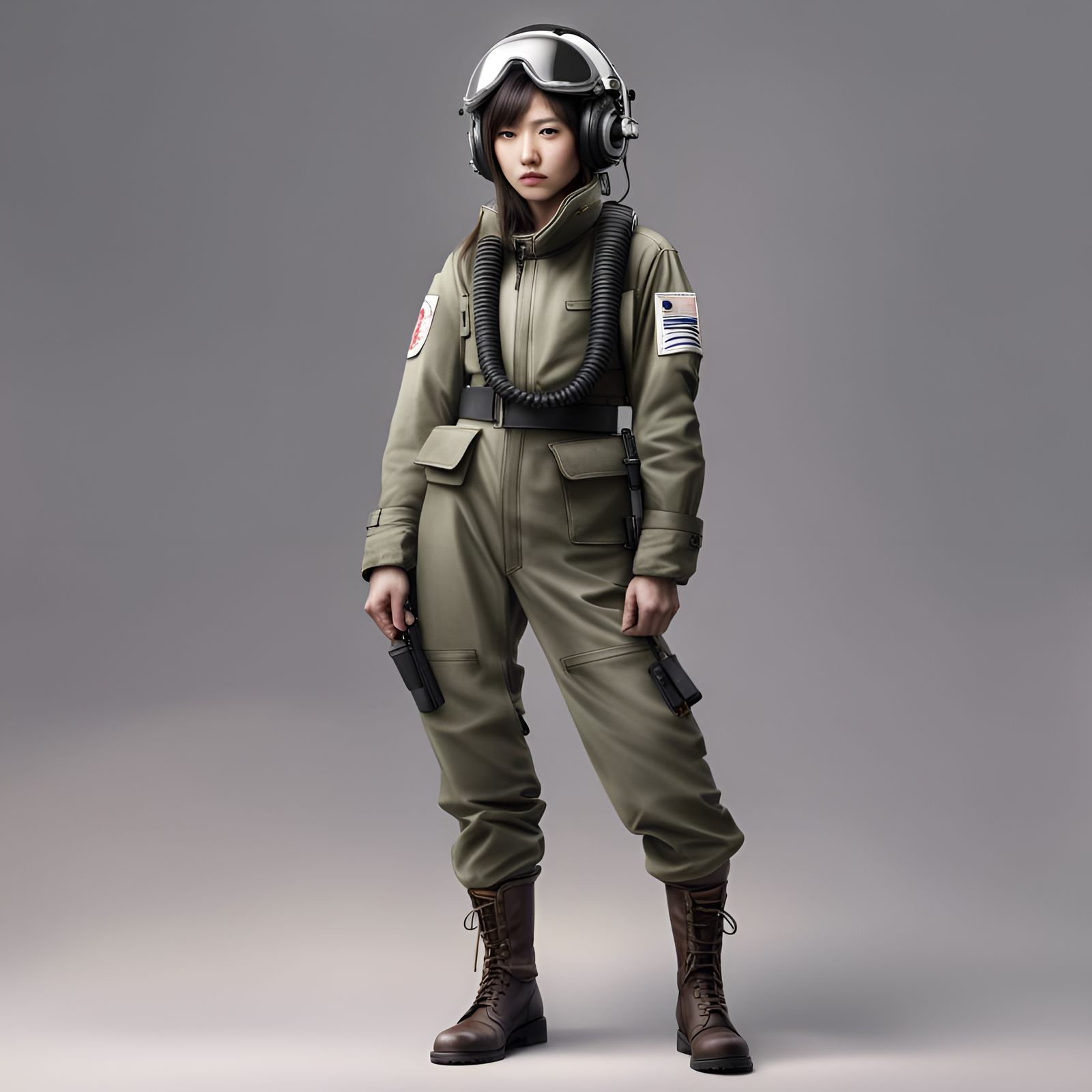 Young Japanese Girl in Fighter Pilot Suit, Realistic Photo