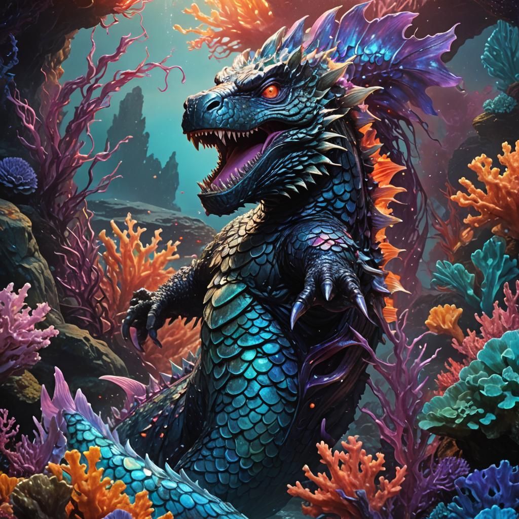 Godzilla-Mermaid Hybrid Emerges, Bioluminescent Fantasy Art