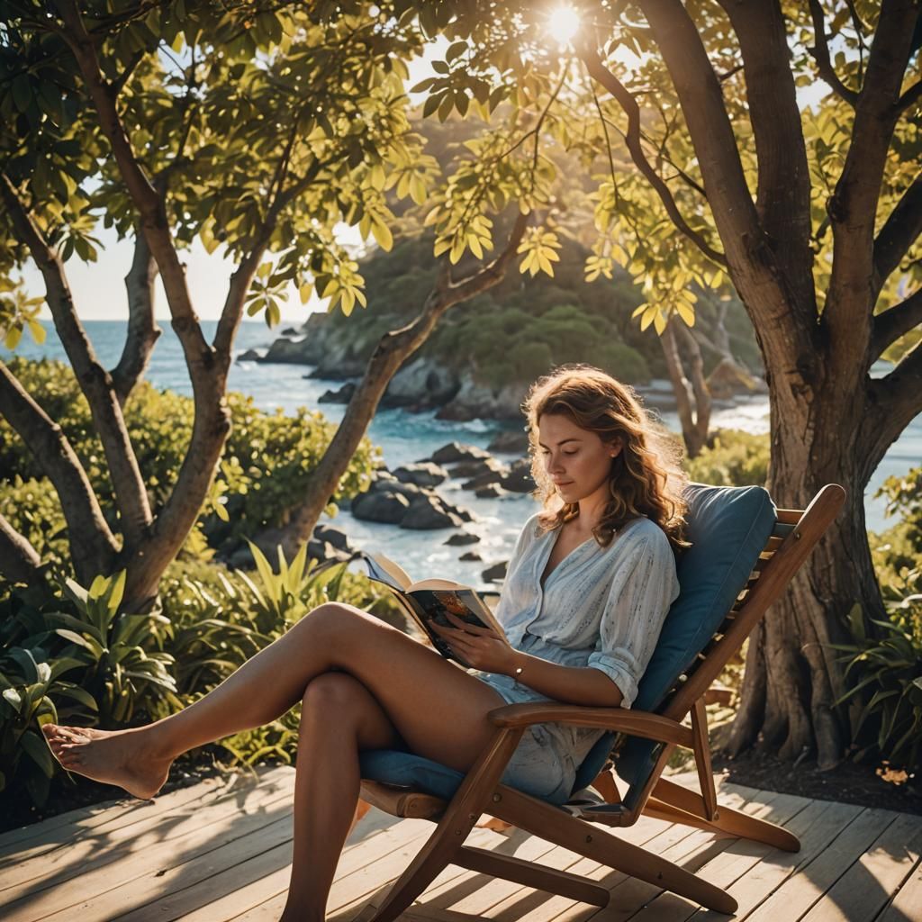 Woman Reading Book on Beach in Golden Light