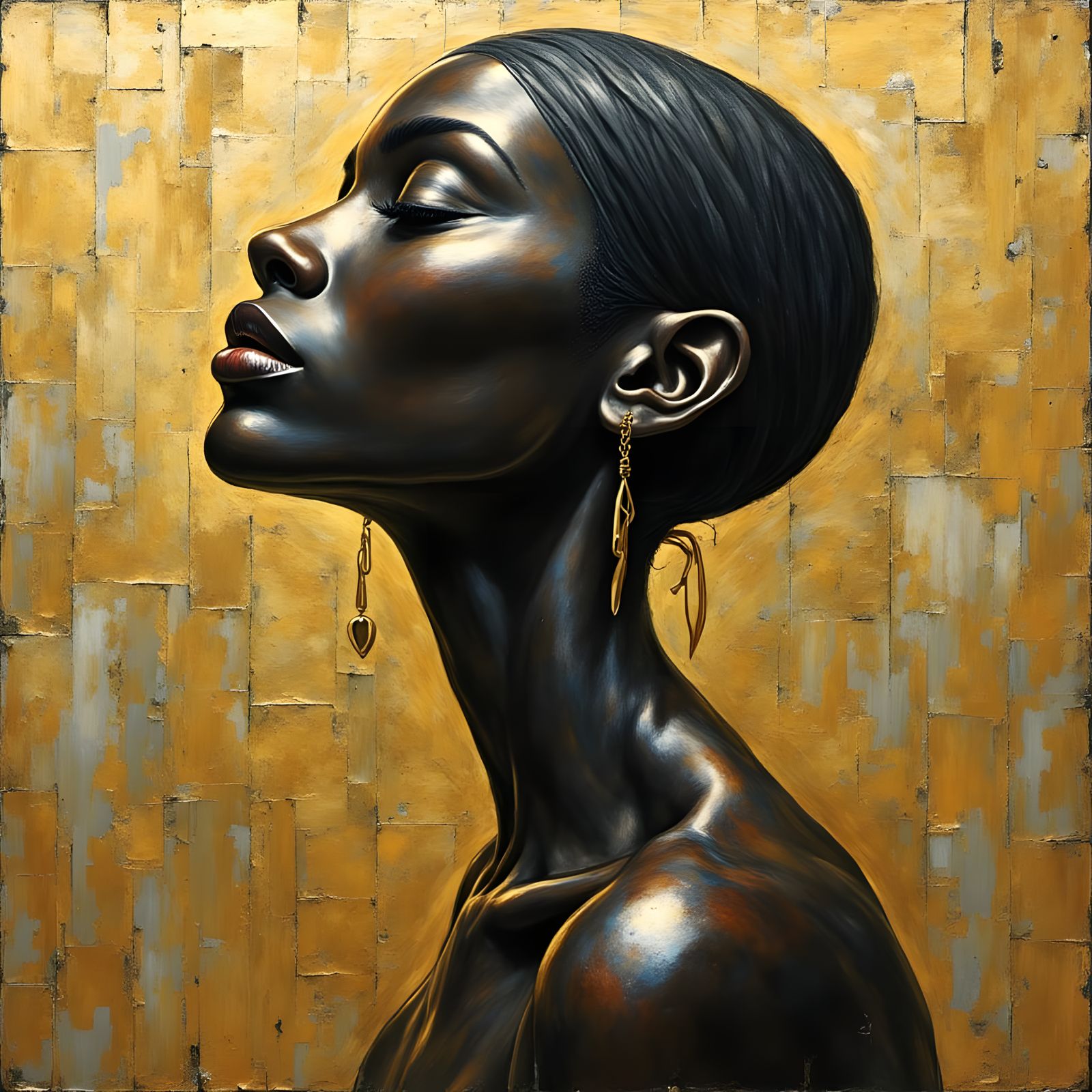 Golden Black Woman Portrait in Expressionist Encaustic Style