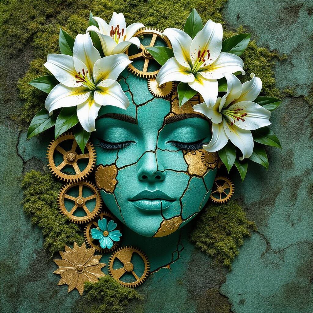 Clockwork Woman with Lily Blossoms and Golden Fractures
