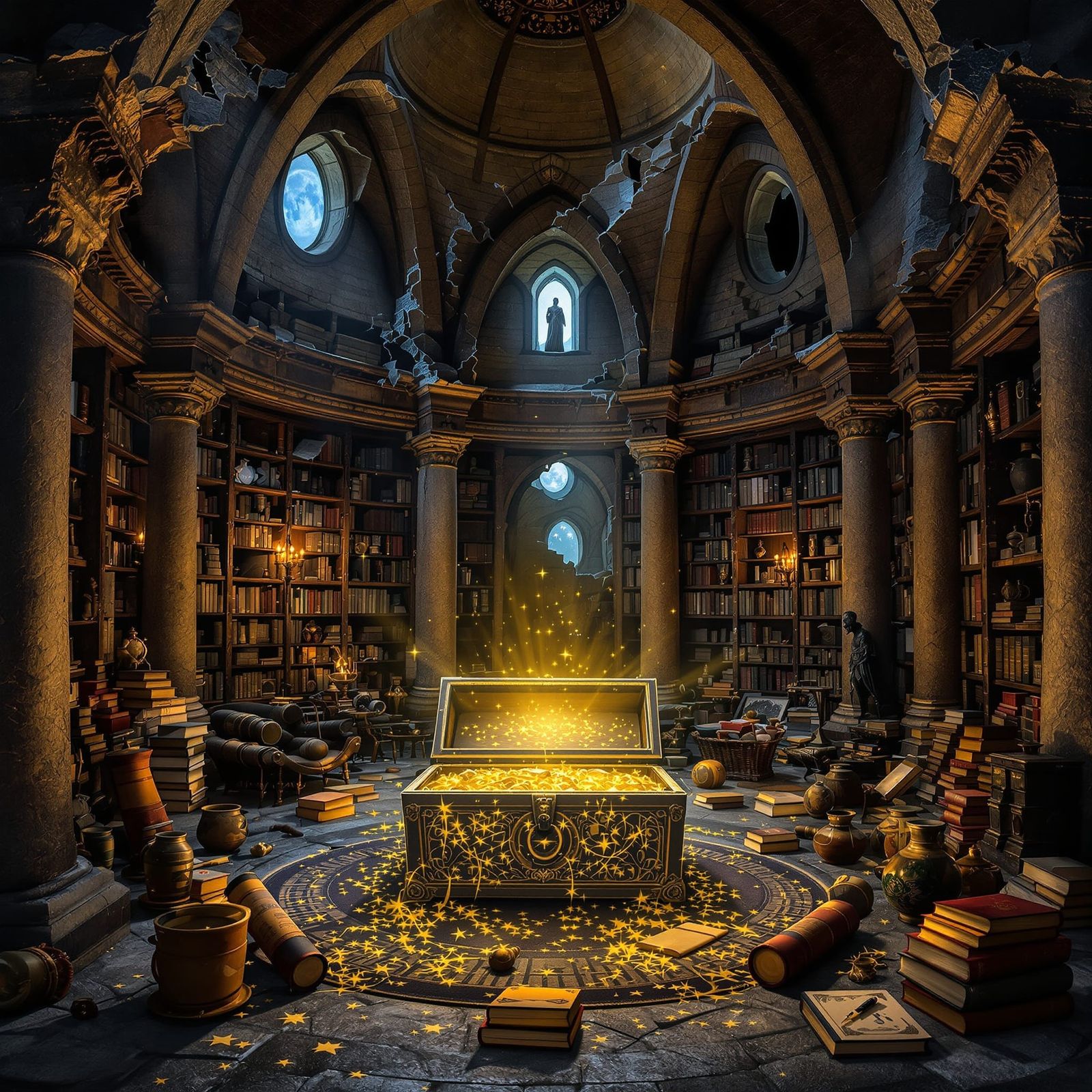 Moonlit Library Ruins with Glowing Artifacts