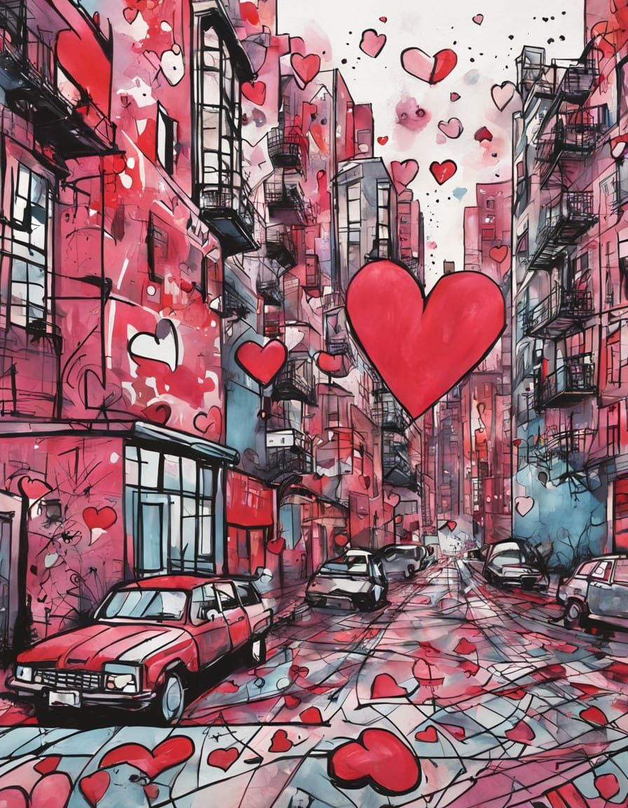 Expressive Valentine's Day Cityscape with Hearts and Graffit...