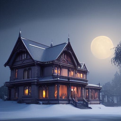Ornate House in Blizzard: A Detailed Matte Painting