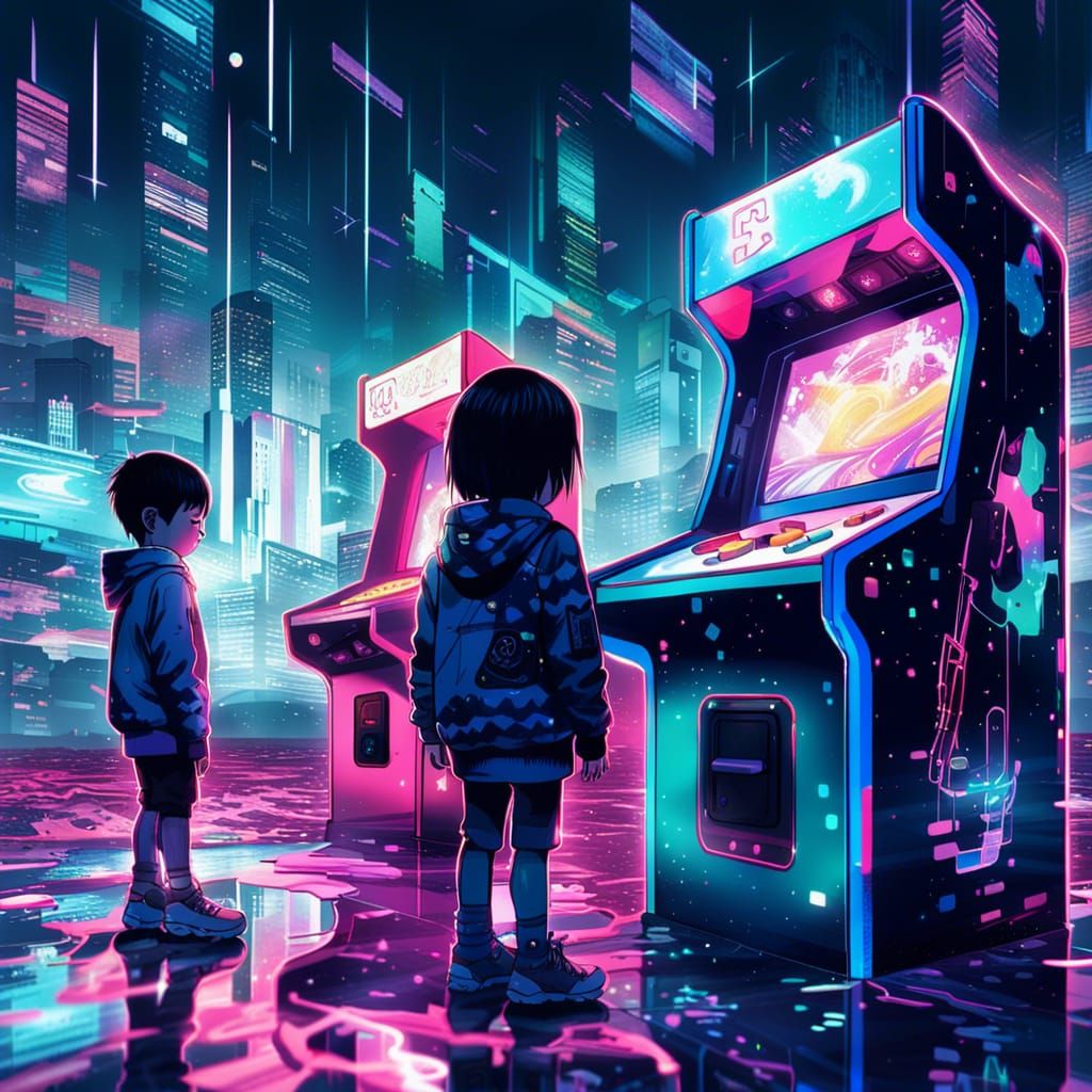 Cyberpunk Arcade Game: Surreal Digital Illustration