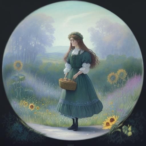 Girl in Meadow: Whimsical Folk Art Illustration