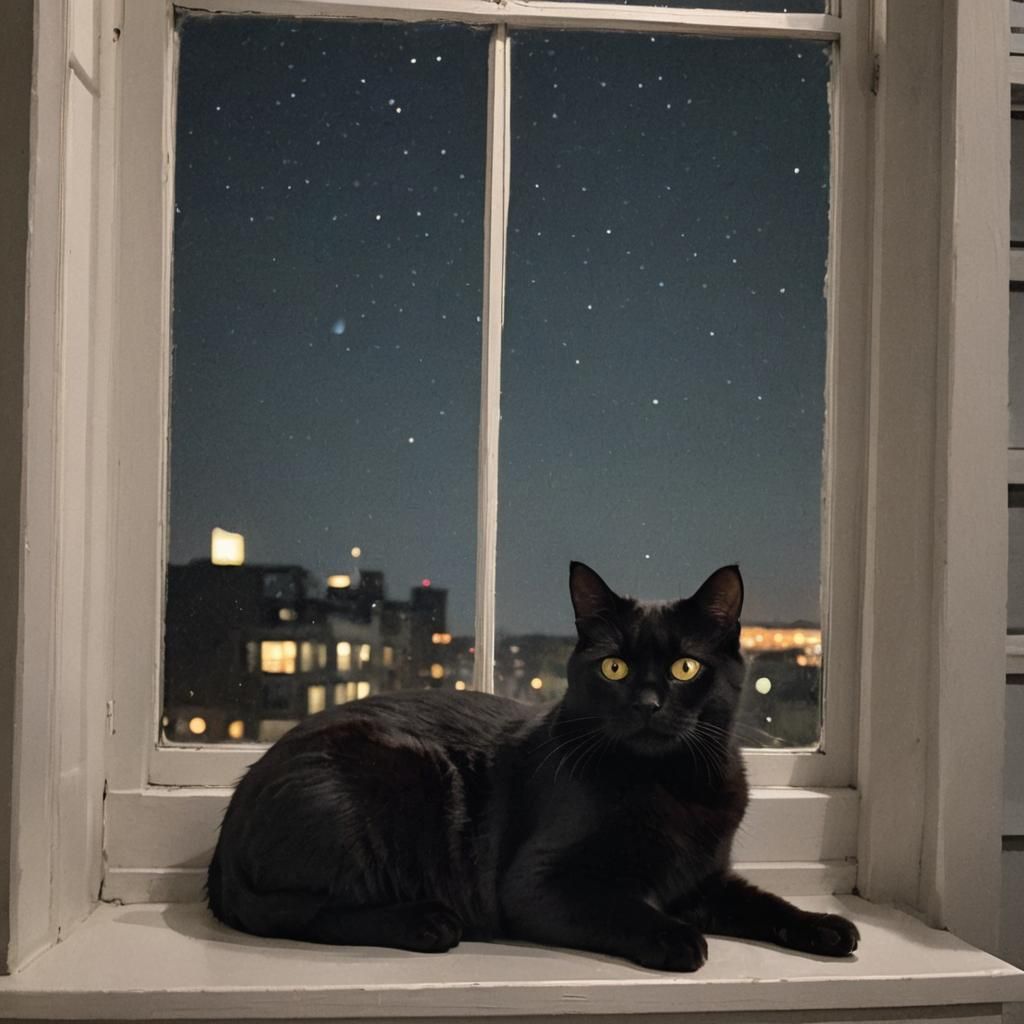 Black Cat Gazing from Windowsill at Night