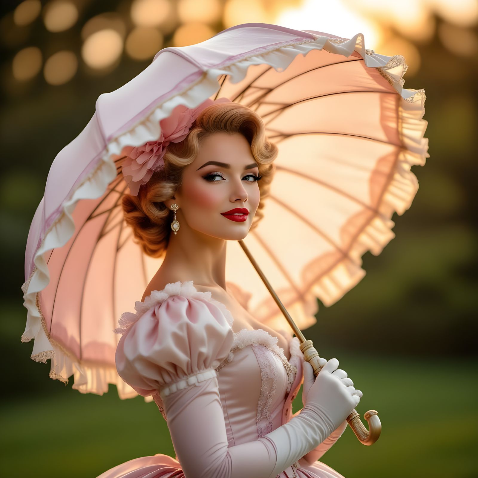 Victorian Parasol with Frills and Golden Handle