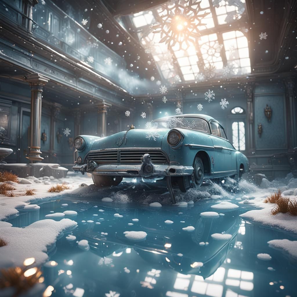 Icy Spring: Burning Car in Futuristic Landscape