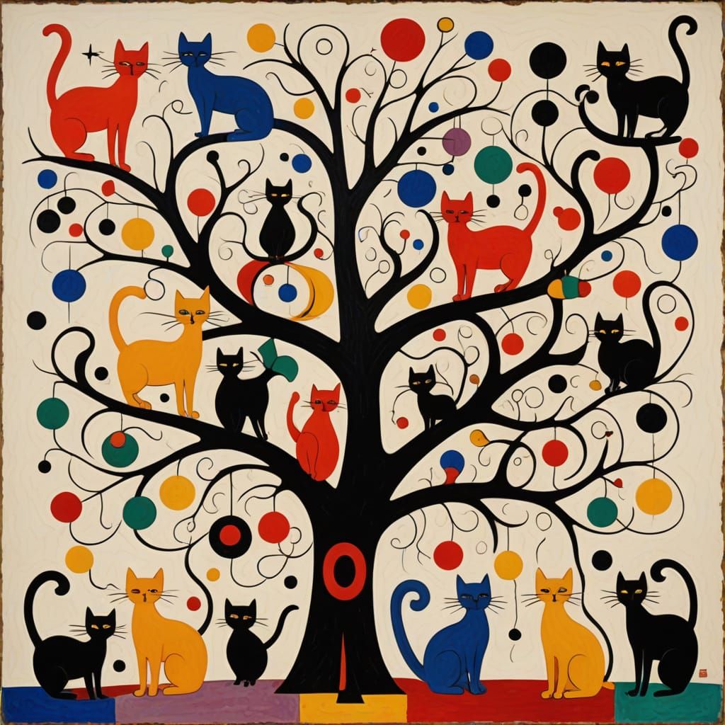 Abstract Cat Tree with Multicolor Cats, Miró Style