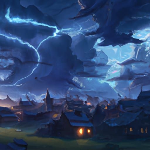 Dramatic Lightning Storm over Village, Dark Fantasy Art