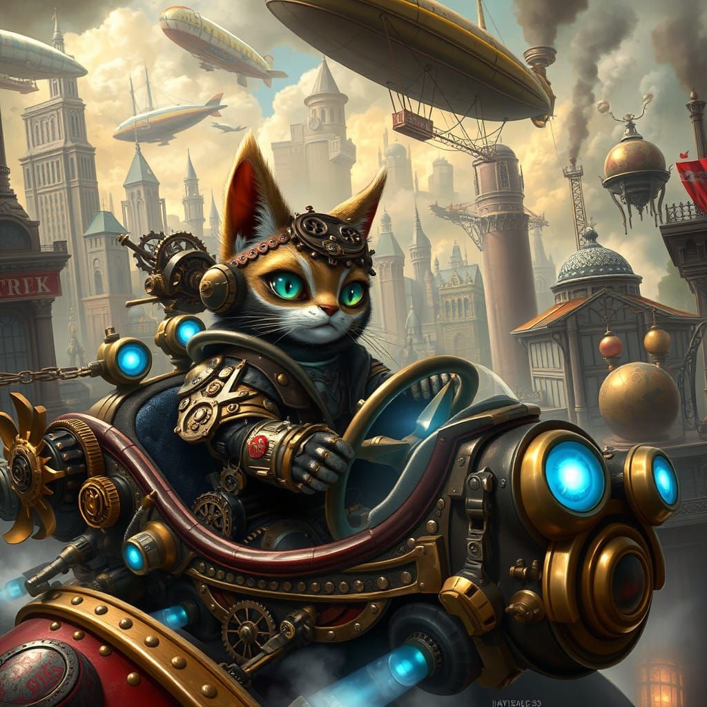 Steampunk Palico Pilots Gear-Adorned Flying Car in Bustling...