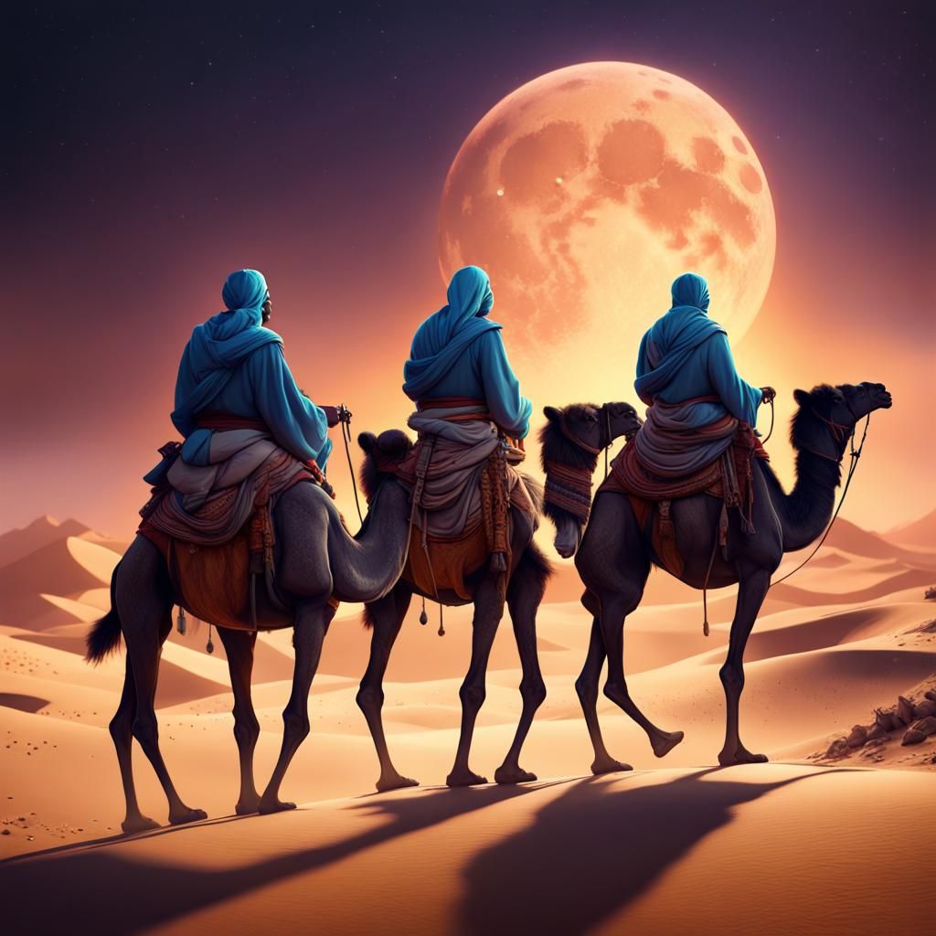 Eastern Men Ride Camels on Moonlit Desert Night