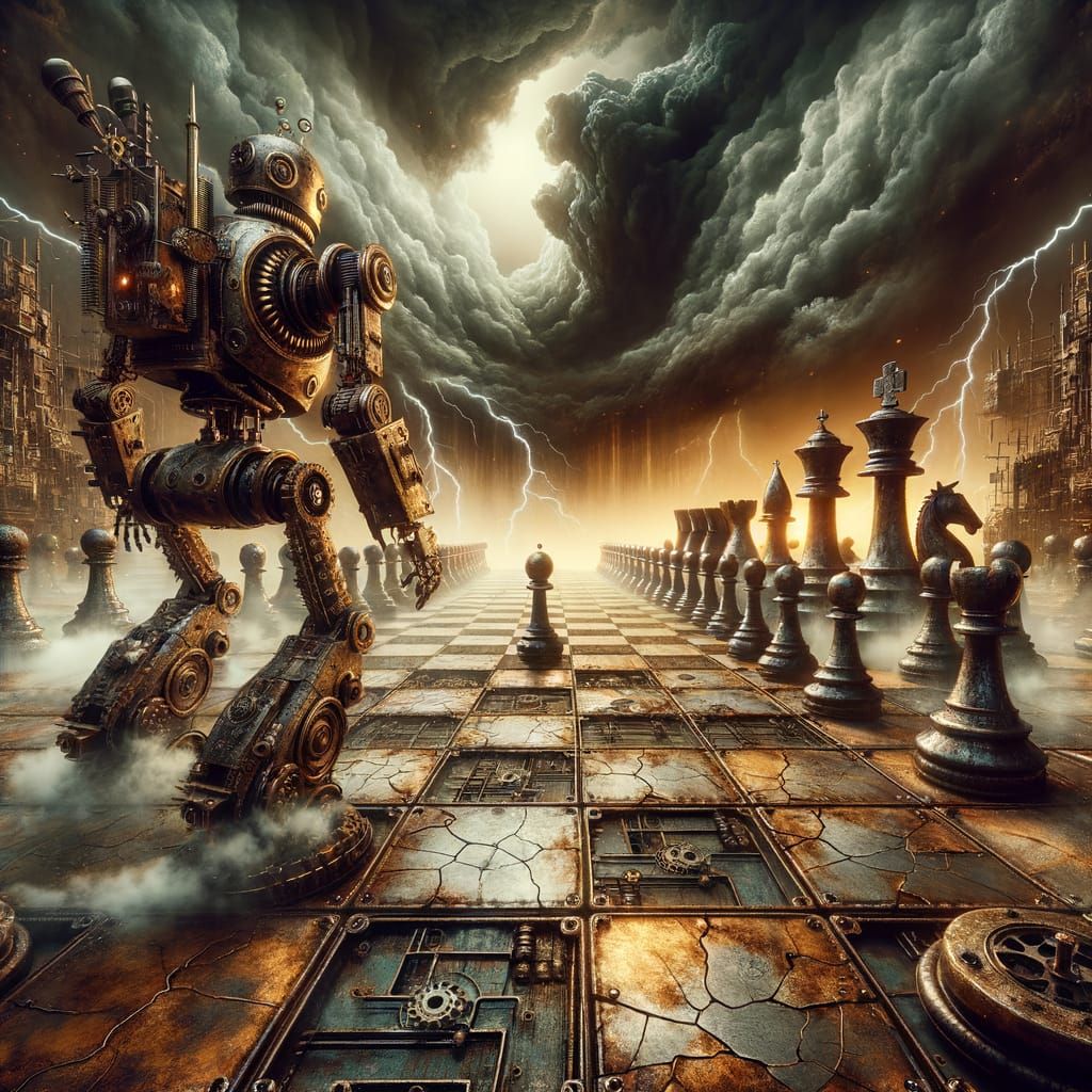 Steampunk Robot Makes Decisive Move on Rusted Chessboard Bat...