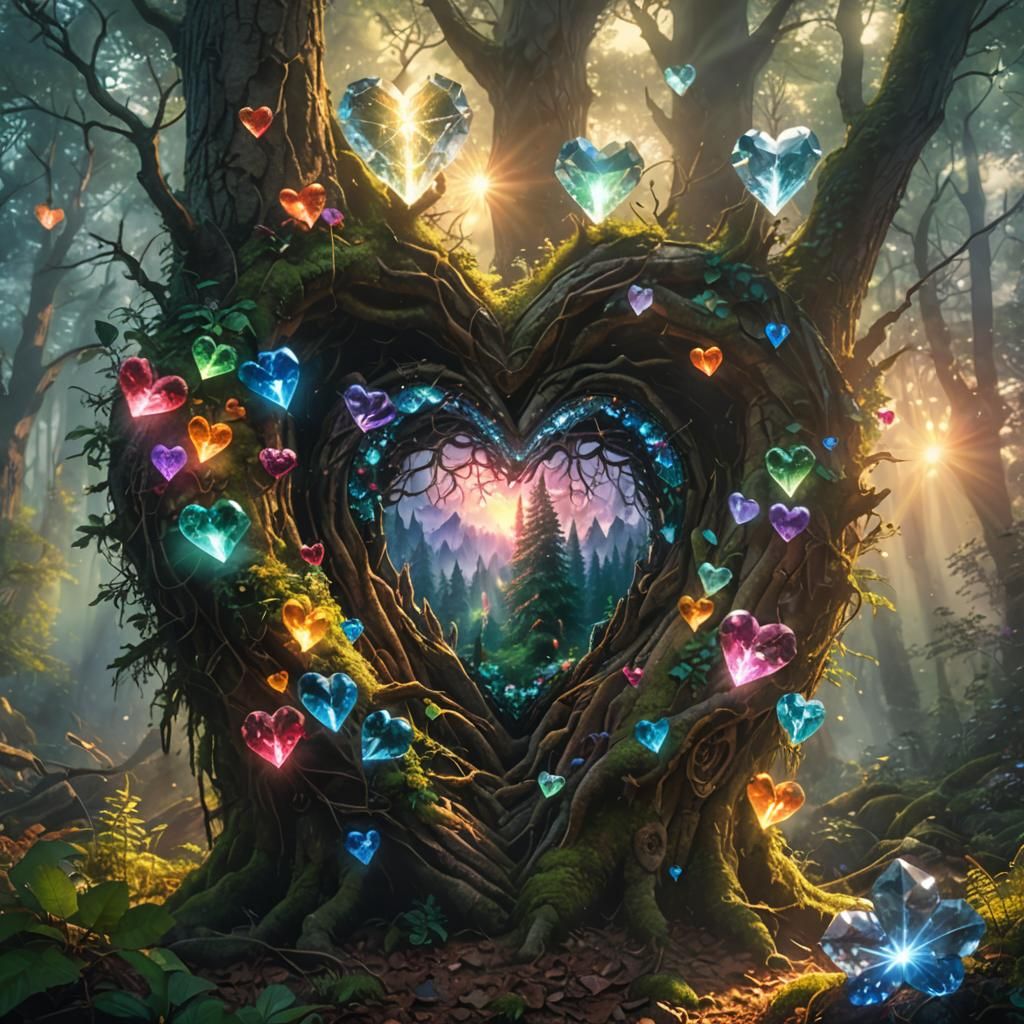 Mystical Crystal Heart in Enchanted Forest